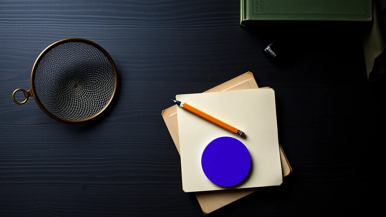 A plain wooden desk top seen from slightly above, a round brass mesh sieve resting upside down near its left edge like a small dome, a closed notebook with a plain dark cover lying in the centre with a pencil laid across it, and one deep violet enamel disc near the notebook's lower corner.