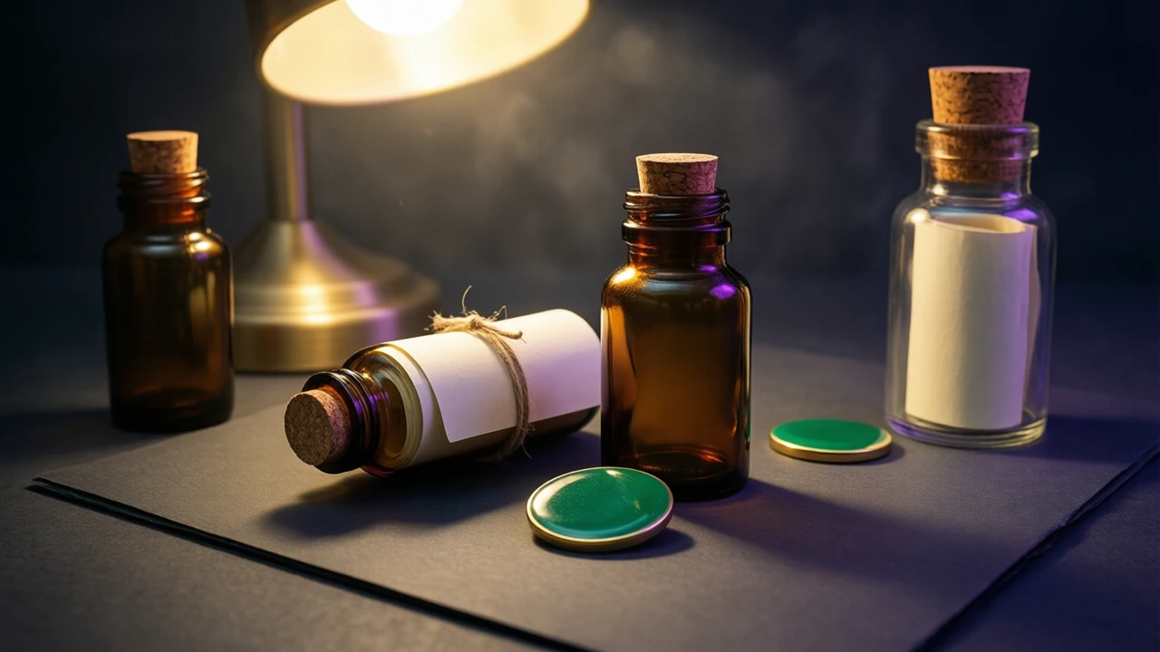 A small corked glass bottle lying on its side on matte charcoal paper with a rolled blank paper note sealed inside, a second corked bottle standing upright beside it and completely empty, one emerald green enamel disc resting in front of both under a single warm lamp.