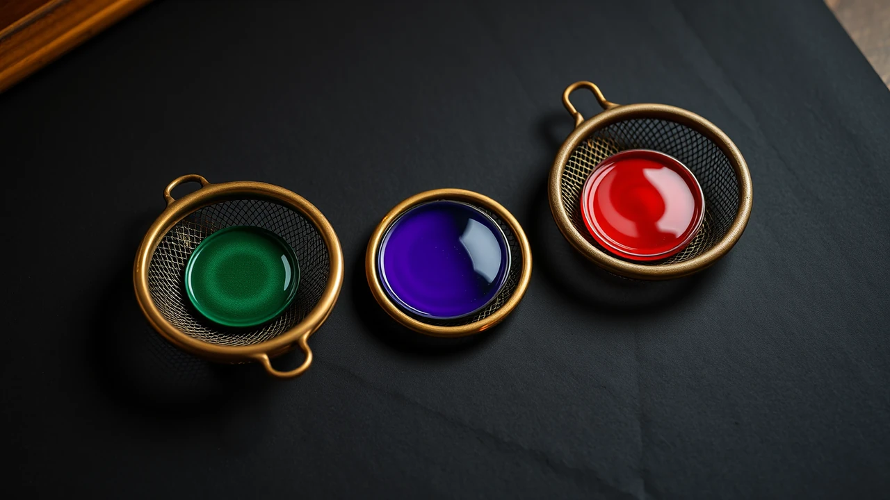 Three small round brass mesh sieves of different sizes set in a loose triangle on matte charcoal paper with wide gaps between them, one glossy enamel disc resting inside each, emerald green in the largest, deep violet in the middle one and scarlet red in the smallest, lit by one warm lamp.
