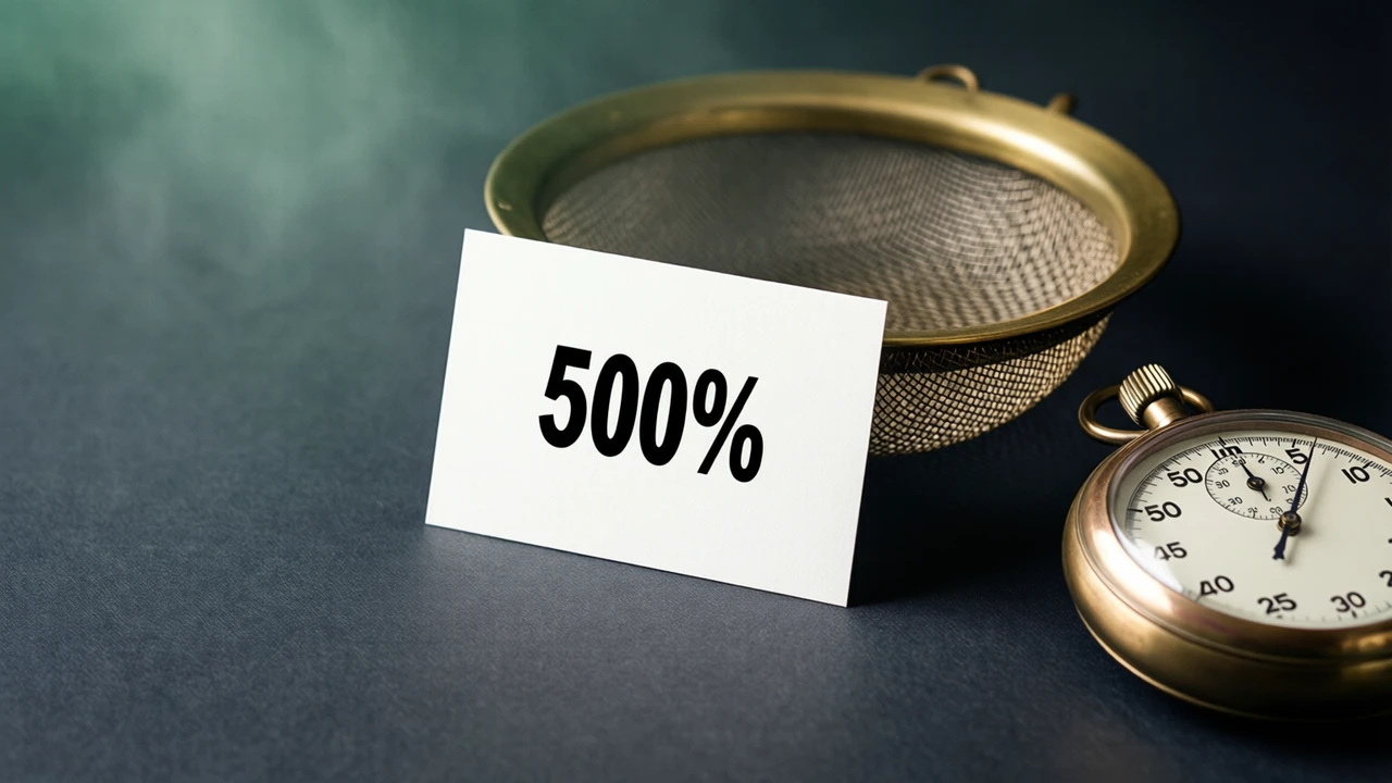 One small flat white card standing upright on matte charcoal paper and facing the lens with the single printed figure 500% in heavy black type, a round brass mesh sieve lying flat just behind it and a brass stopwatch on the right, nothing else on the card.
