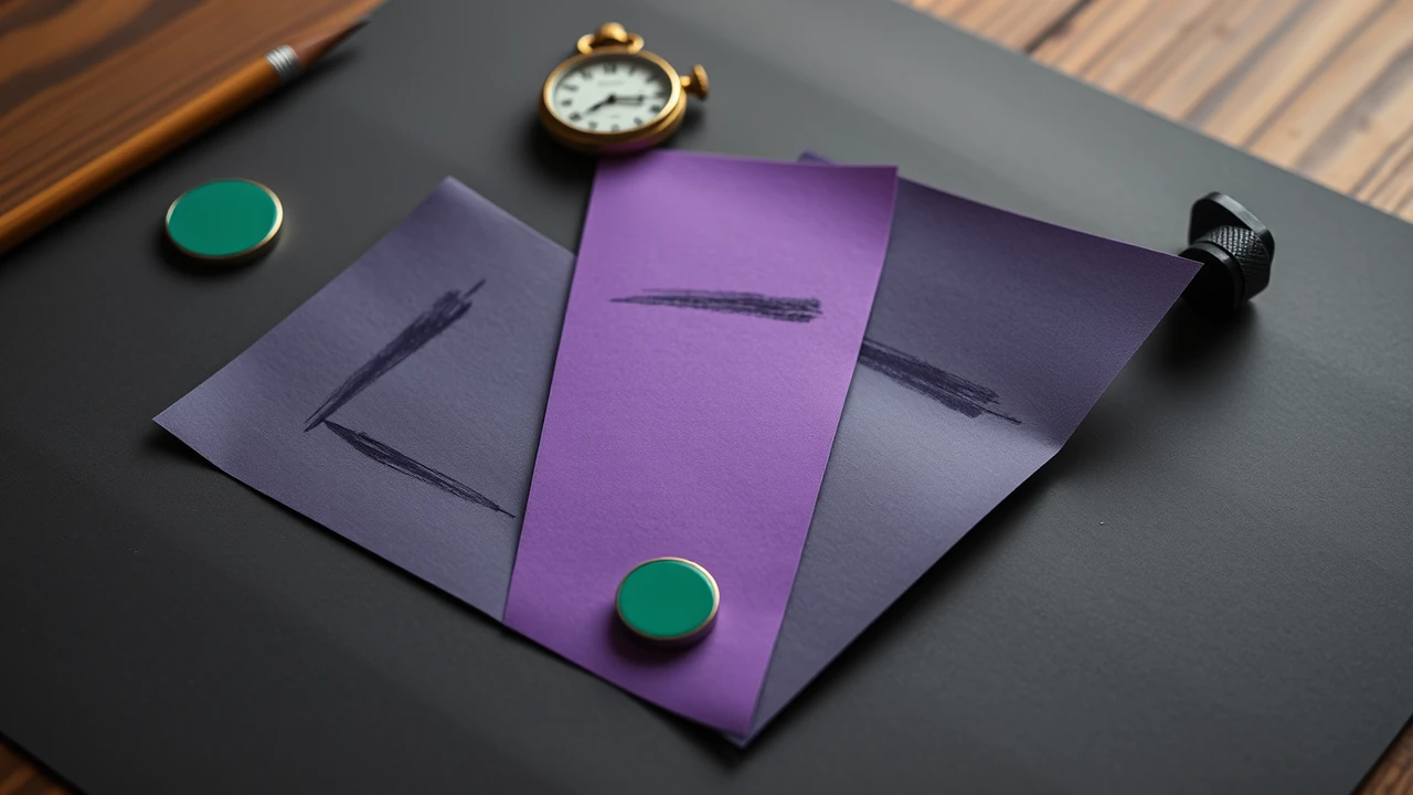 Three folded blank paper notes laid in a loose fan on matte charcoal paper, the two outer notes each struck through by a single stroke of dark ink and the middle note left clean, a small brass stopwatch lying at the top edge and one emerald green enamel disc in front of the clean note.