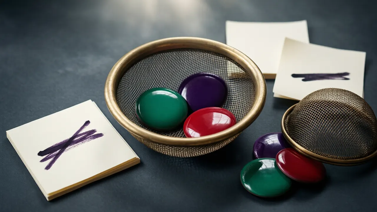 A small round brass mesh sieve resting on matte charcoal paper with three glossy enamel discs caught in its mesh, emerald green, deep violet and scarlet red, spaced well apart, and beside it two folded blank paper notes, the left note struck through by one bold stroke of dark ink.