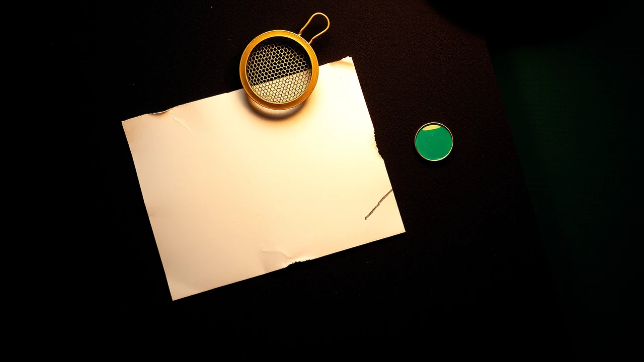 A single folded blank paper note lying flat on dark felt with one straight stroke of dark ink drawn through it from corner to corner, a round brass mesh sieve resting just above it, and a single emerald green enamel disc set well apart to the lower right under a warm overhead lamp.