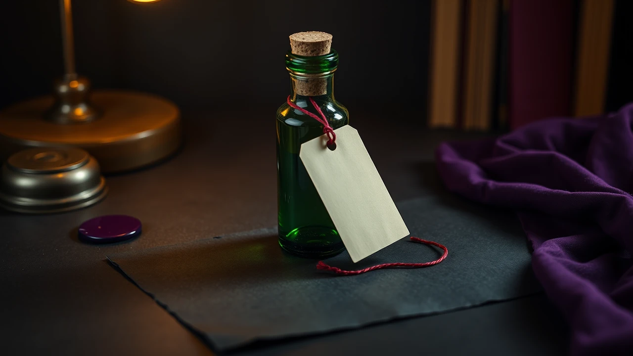 A corked glass bottle standing upright on matte charcoal paper with a rolled blank paper note inside it, a single blank manila tag leaning against its base on a short scarlet red thread, and one deep violet enamel disc resting apart on the left under one warm lamp.