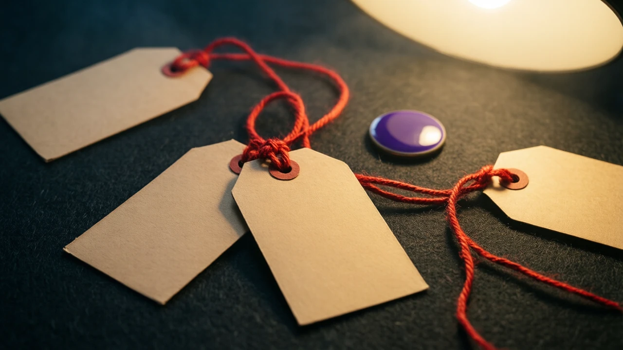 Two plain manila paper tags lying on dark felt, tied to each other by one length of scarlet red thread that loops loosely between them, both tags completely blank, a single deep violet enamel disc resting a short way off to the right under a warm overhead lamp.
