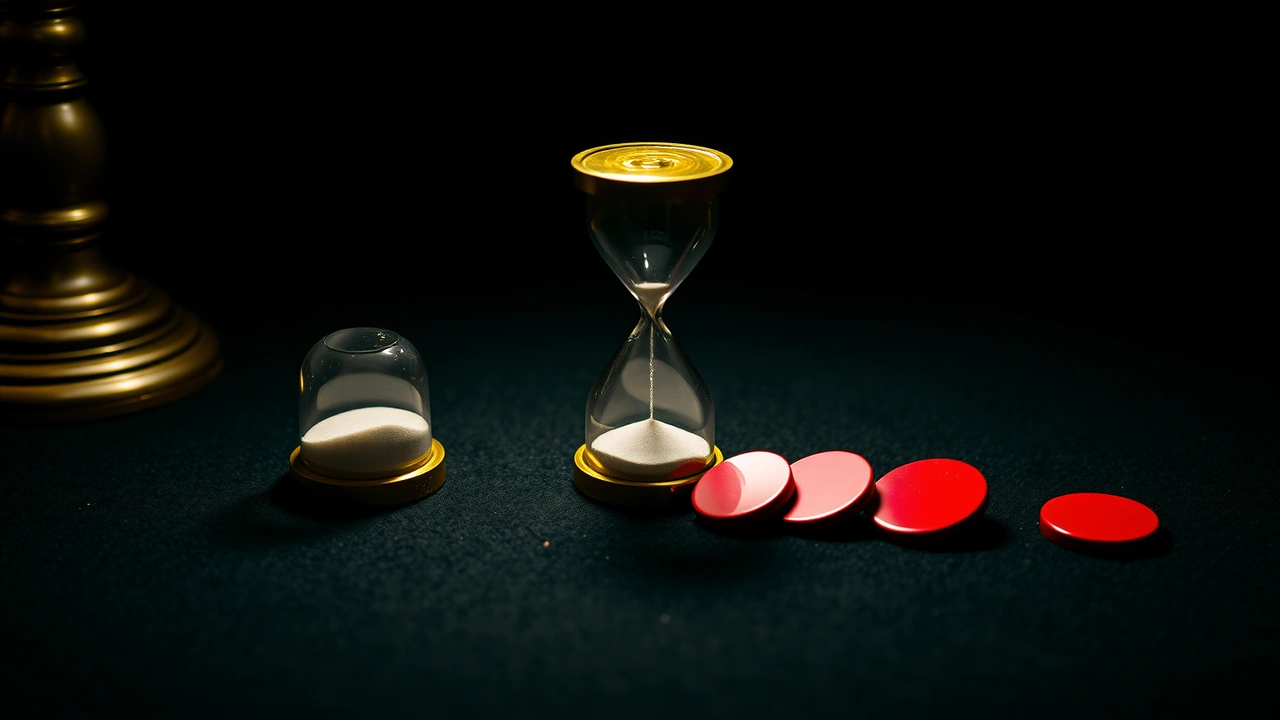 A small brass hourglass standing on dark felt with pale sand running through it, four flat glossy enamel discs laid in a short straight row beside it with even gaps, the first one small and the last one largest, all in scarlet red, lit from above by one warm lamp.